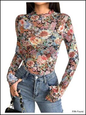 Sheer Mesh Long Sleeve Mock Neck Sexy Blouse Layering Top Clubwear Concert